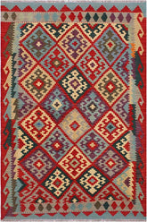 Flat Weave Kilim Antique Navaho Vintage handmade Geometric Kilim Red Beige Hand-Woven Rectangle 100% Wool Area Rug 4x6